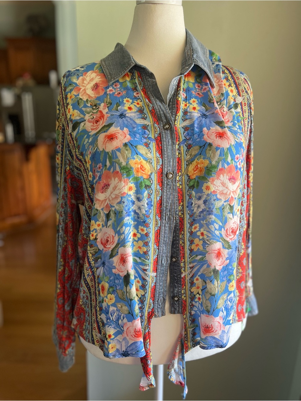 John Mark Floral Button-Front Blouse - Blue, Coral & Pink